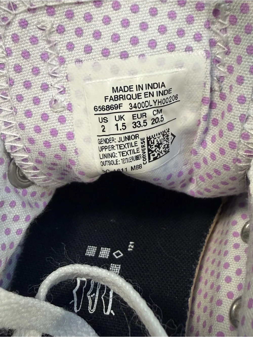 Converse Kids Low-Top Double Tongue Sneakers in Gray w/ Purple Polka Dot Youth 2